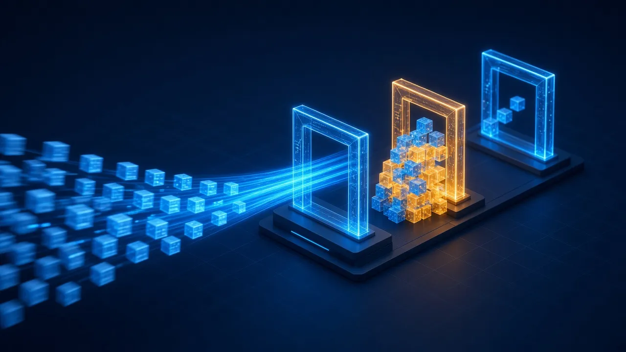 Blue code blocks flowing fast into a delivery pipeline and piling up at an amber review gate